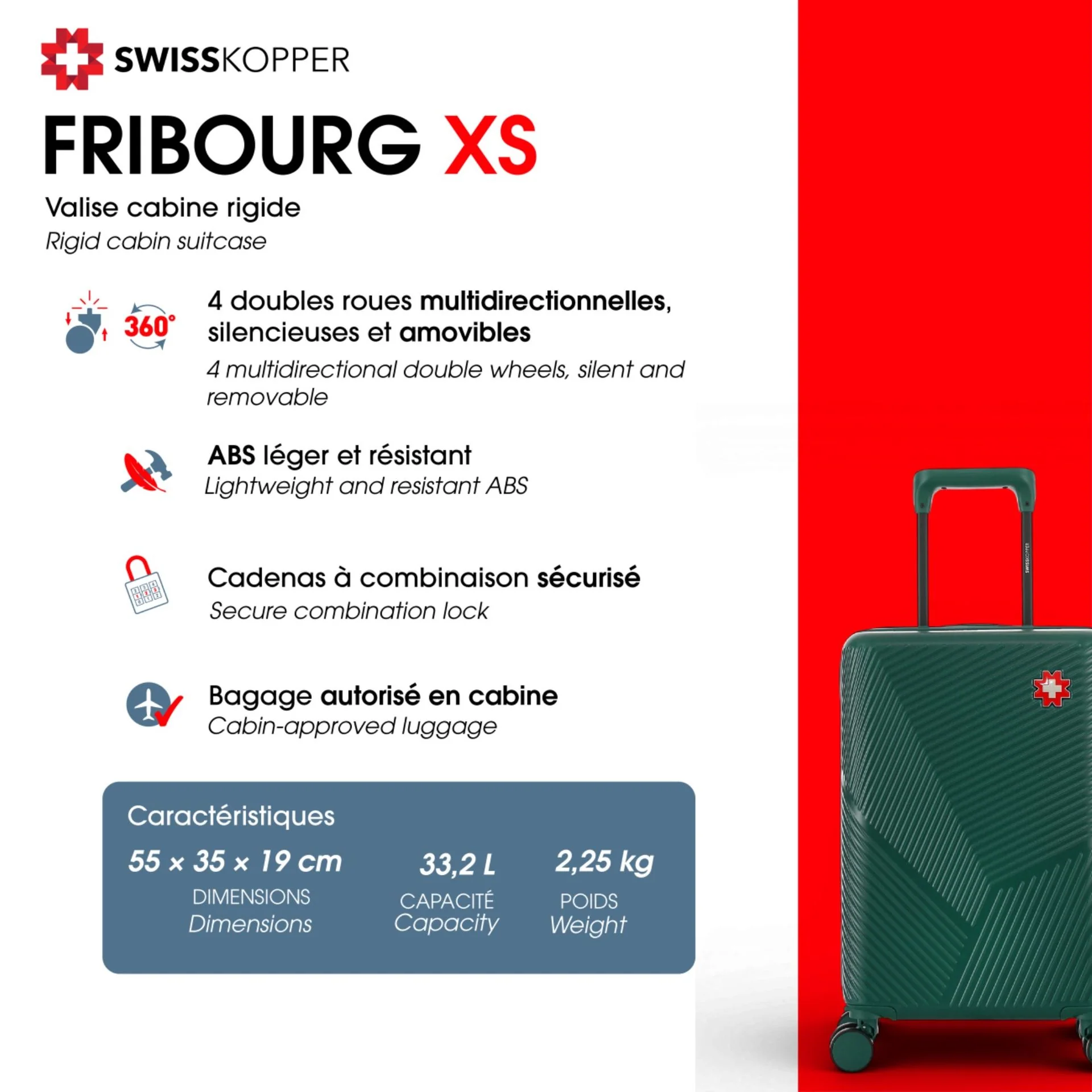 Lot de 3 Valises Rigides Taille Moyenne, Cabine et Cabine XS FRIBOURG - Image 9